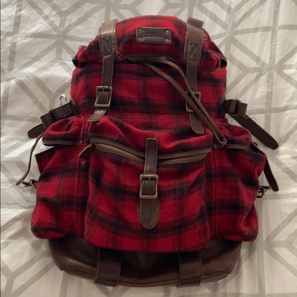 Red Plaid L.L. Bean Backpack with Leather Details